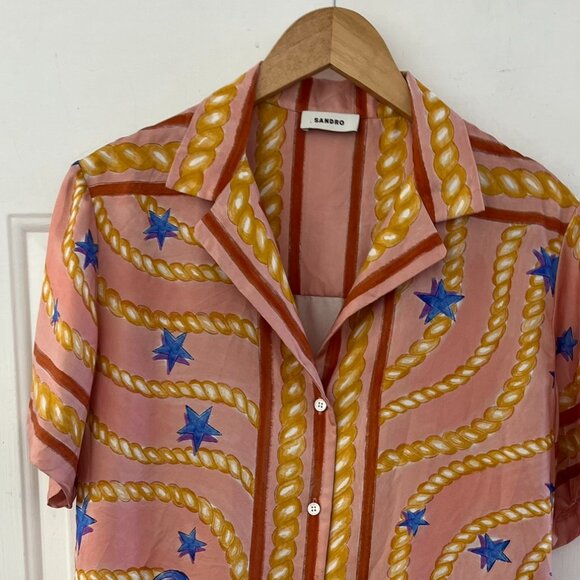 Sandro Woman's Summer Athea Silk Print Muti-Color Blouse Sz Sm - Picture 4 of 11